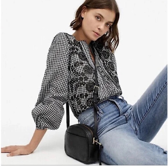 J. Crew Tops - J.Crew Gingham Embroidered Eyelet Popover Blouse Black